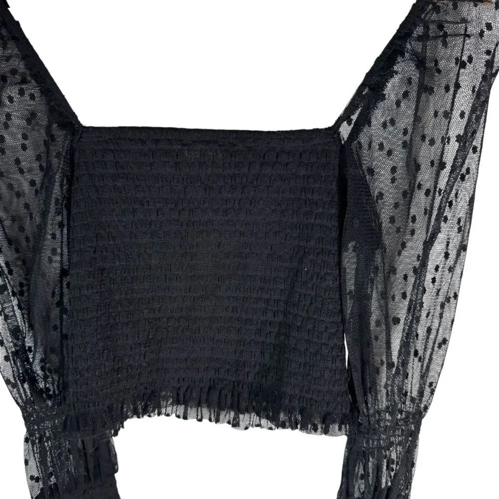 Intimately Free People Puckered Black‎ Crop Top Dotted Mesh Sleeves Sz M